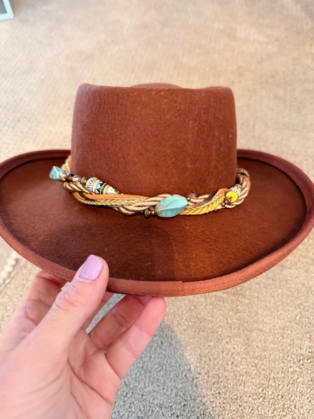 Vintage Wool  Hat with Turquoise Stone and Gold Braided Accessory - Picture 3 of 7